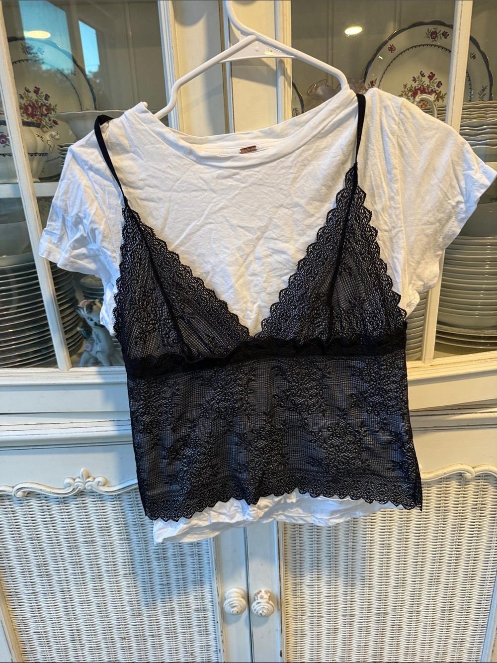 Free People layered black lace camisole and white t-shirt set one size attached